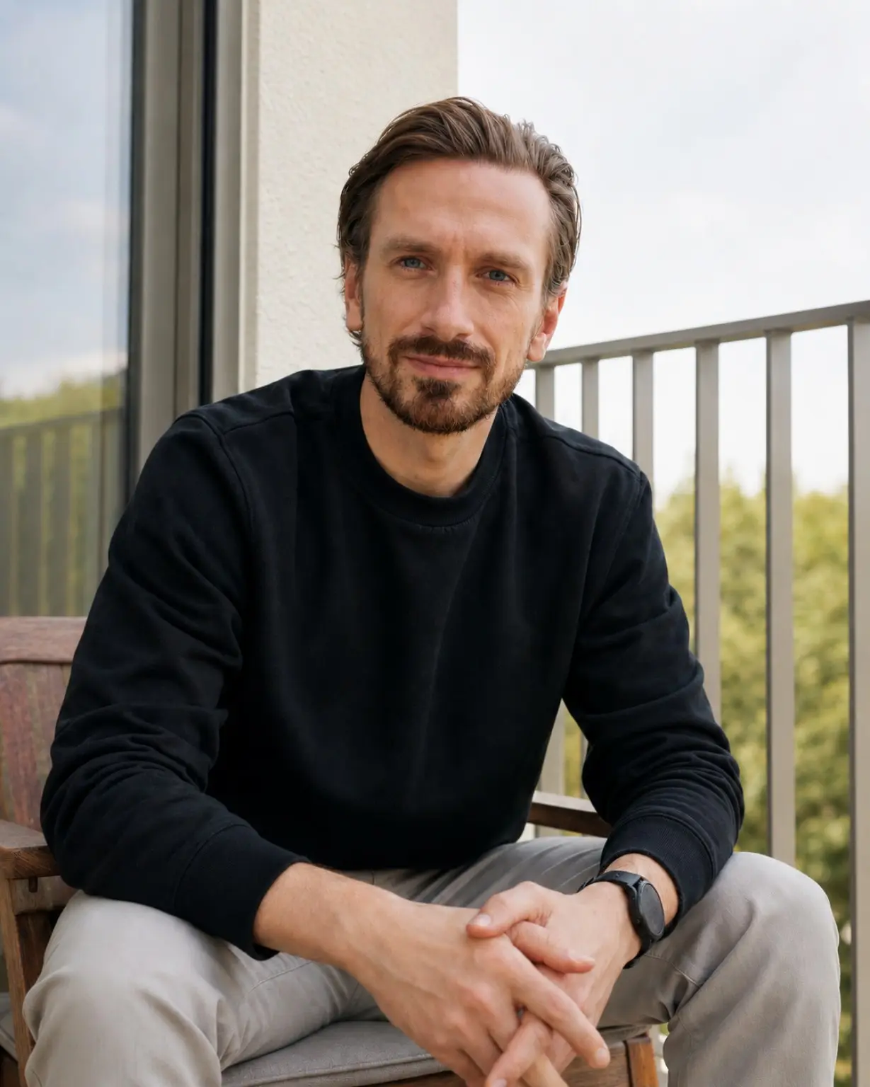 Fabian Benner sitzt entspannt auf einem Balkon